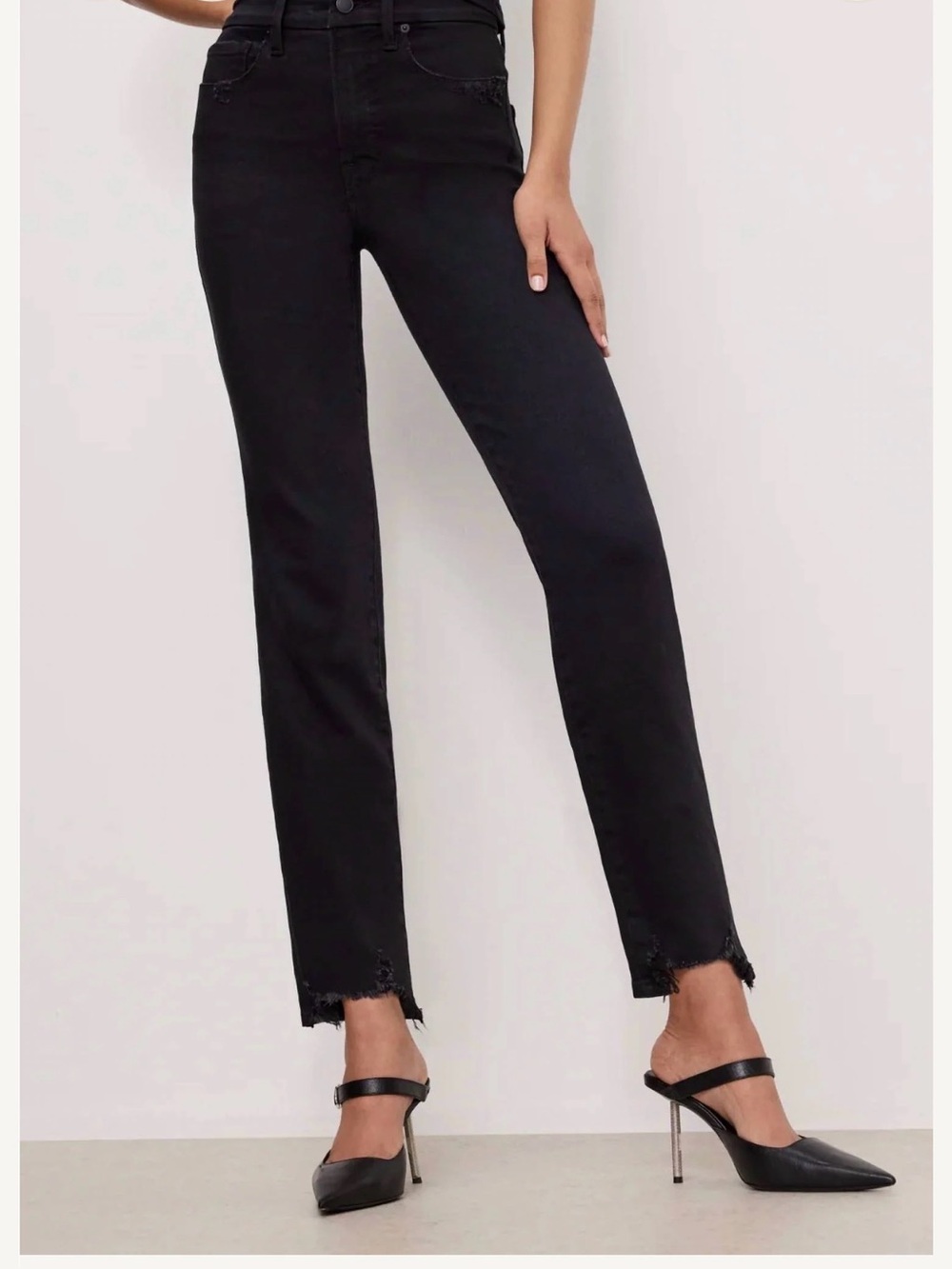 NWT Good American Black Straight-Leg Jeans with Frayed Hem 18 plus high rise